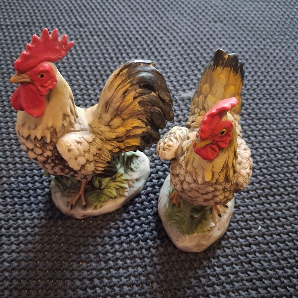 Homco Rooster and Hen Ceramic Figurines 1446 Set Farmhouse Country